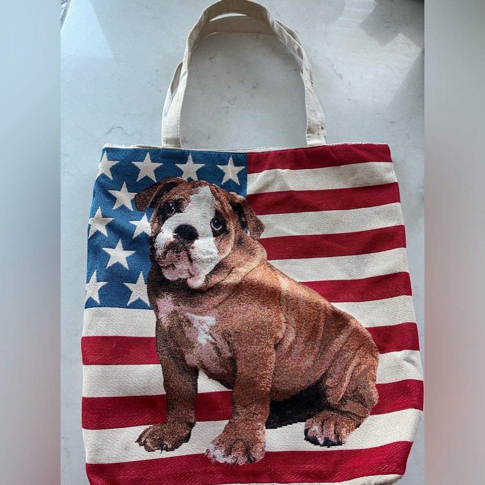Bulldog American Flag Lined Zippered Canvas Tote